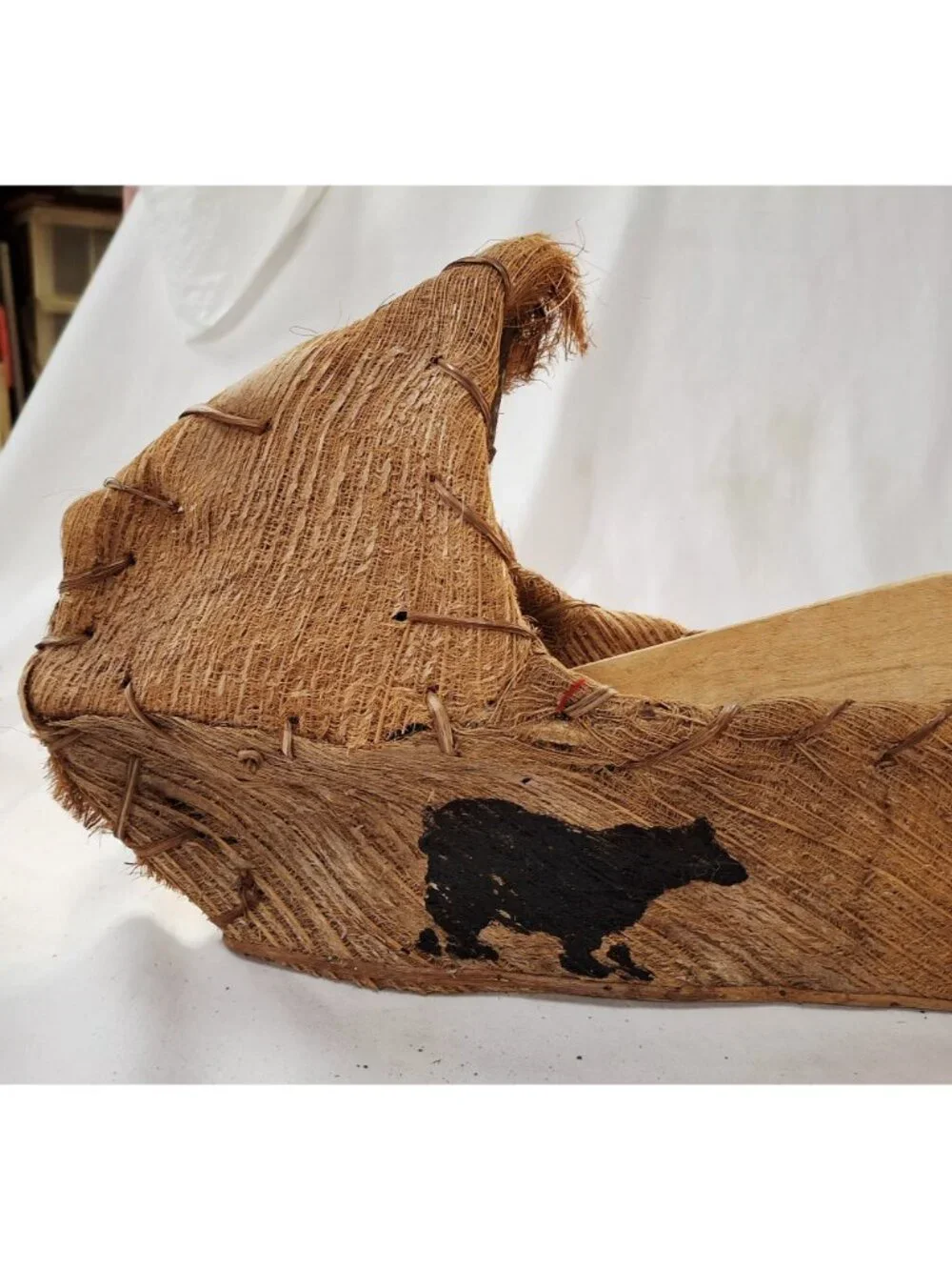 Rustic Handcrafted Canoe Planter Made From Coconut Husk & Wood With Bear Design
